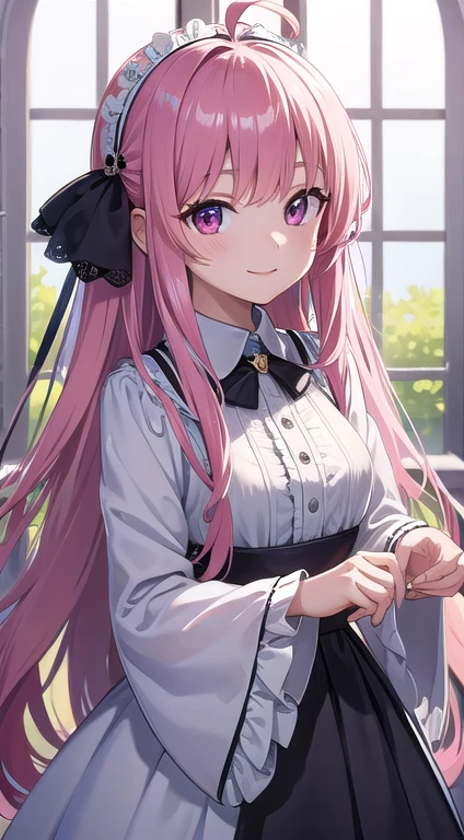 最high quality,very detailed,high quality,Extremely detailed,masterpiece,Super fine,ultra high resolution,超high quality,super delicate face,super realistic,(1 person:1.2)、woman、(Mature:1.5)、pink hair color、(pink eyes)、small breasts 、slender body、Ahoge、(Smile:1.3)、Gothic Lolita