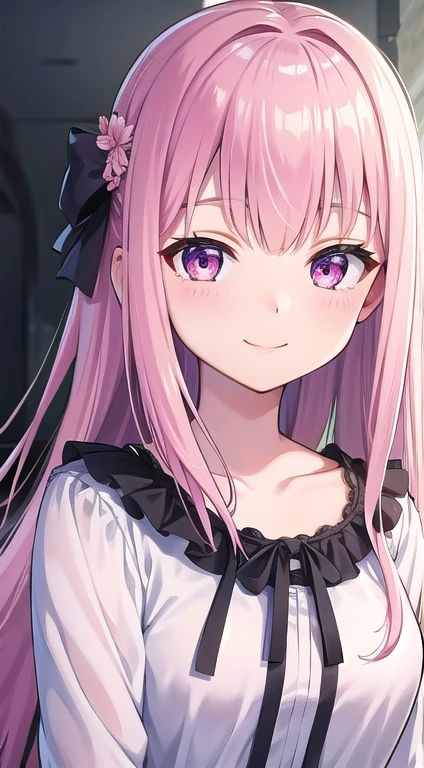 最high quality,very detailed,high quality,Extremely detailed,masterpiece,Super fine,ultra high resolution,超high quality,super delicate face,super realistic,(1 person:1.2)、woman、(Mature:1.5)、pink hair color、(pink eyes)、small breasts 、slender body、Ahoge、(Smile:1.3)、Gothic Lolita