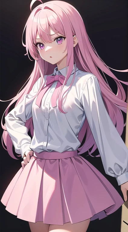 最high quality,very detailed,high quality,Extremely detailed,masterpiece,Super fine,ultra high resolution,超high quality,super delicate face,super realistic,(1 person:1.2)、woman、(Mature:1.5)、pink hair color、(pink eyes)、small breasts 、slender body、Ahoge、look at the camera、(despise:1.5)、(surprised expression:1.3)、White shirt and light blue skirt