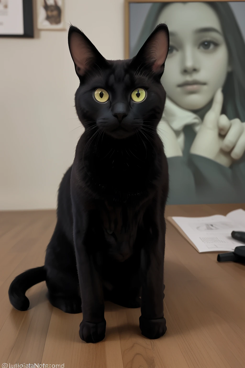 un primer plano de un gato con una correa sobre un fondo negro, retrato reducido de un duque, Vista de cabeza y cuerpo completo, Vista completa del cuerpo y la cabeza, primer plano de cuerpo completo, toma de cuerpo completo hiperdetallada, vista completa de cuerpo y cabeza, vista completa de cara y cuerpo, mirando desde un lado!, foto del fantasma de anubis , gato raza esfinge o elfo color de piel negro