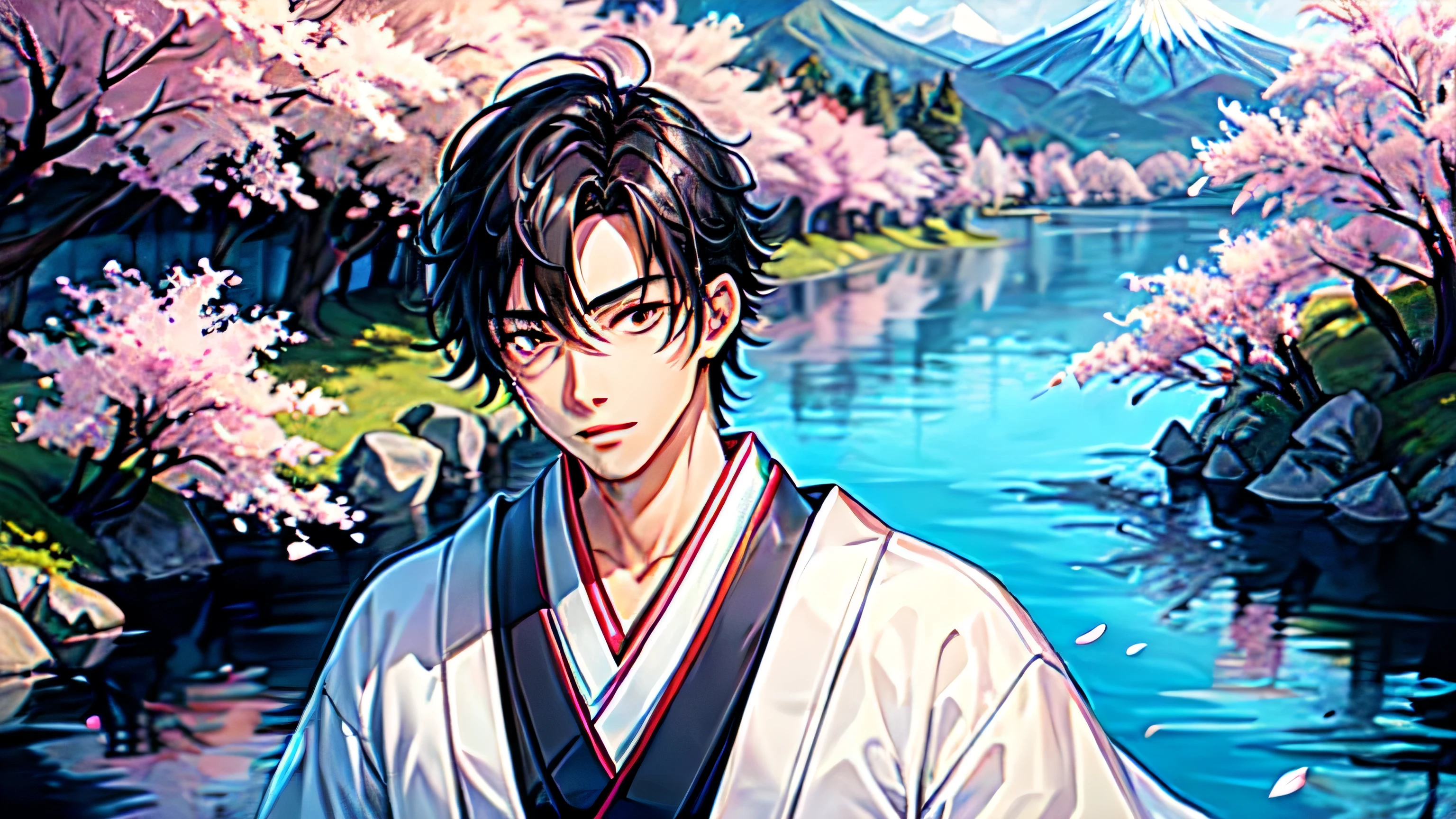 1 boy,black hair,(masterpiece,highest quality:1.4),(sketch:1.2),(Japanese style:1.4),Handsome guy,Mountain,river,cherry blossoms,samurai