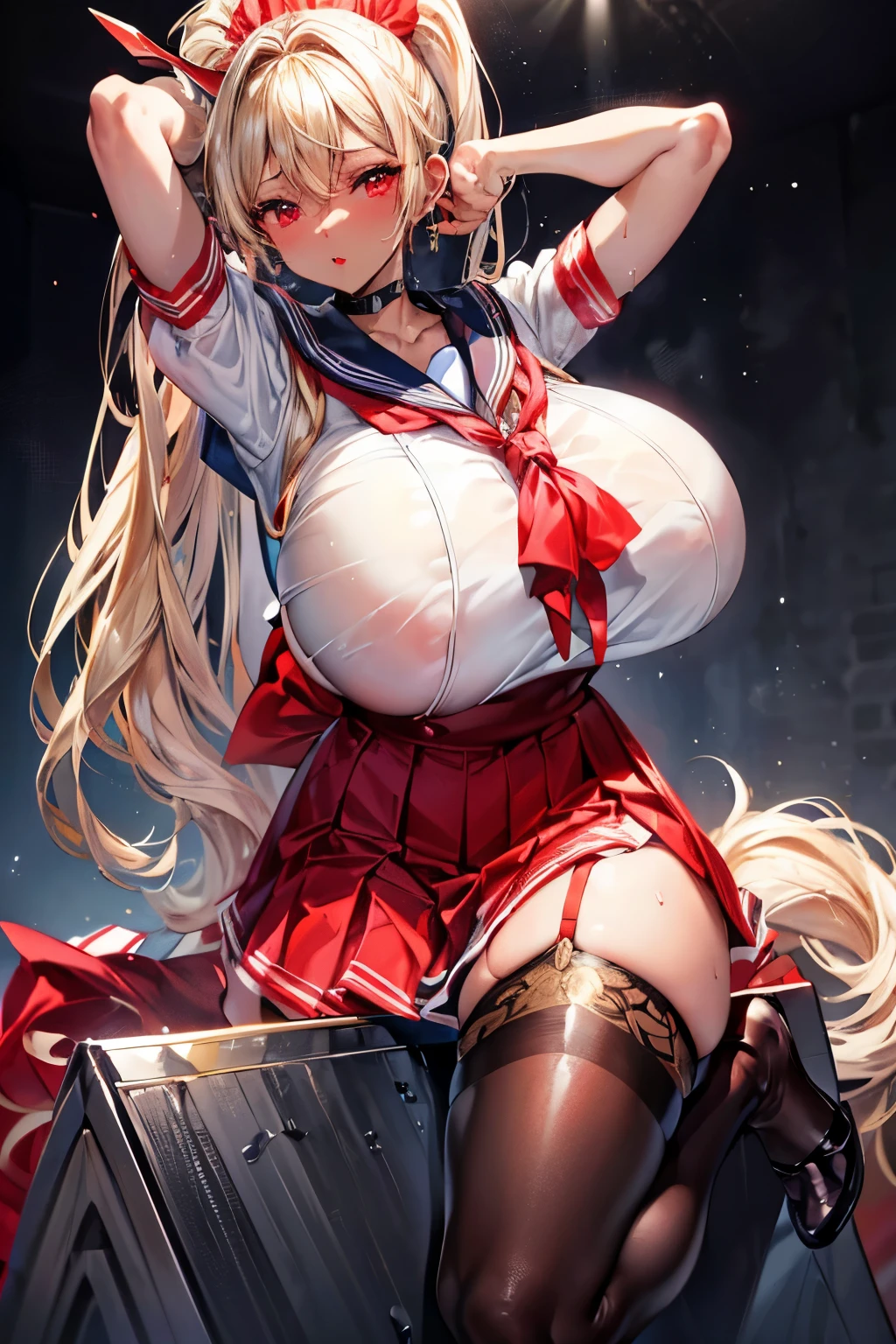 (masterpiece:1.2、highest quality、T Masterpiece)、1 female、alone、classroom、Day、blonde、ponytail、red eyes、(sailor suit:1.4)、(black skin:1.4)、big breasts、pantyhose、corset、earring skirt、lipstick、very sweaty、put your hands behind your head、Scrunchie、choker、blush、beautiful feet、(straddle the triangular horse)