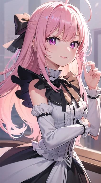 1 girl,Depp's Sense,confused,catch light,Super beautiful illustration,(black and white,Clothes,dealer),(pink hair,ponytail:1.3),Cute big red ribbon,delicate and detailed light blue eyes,;d,beautiful and delicate flowing hair,big smile,inside a casino
