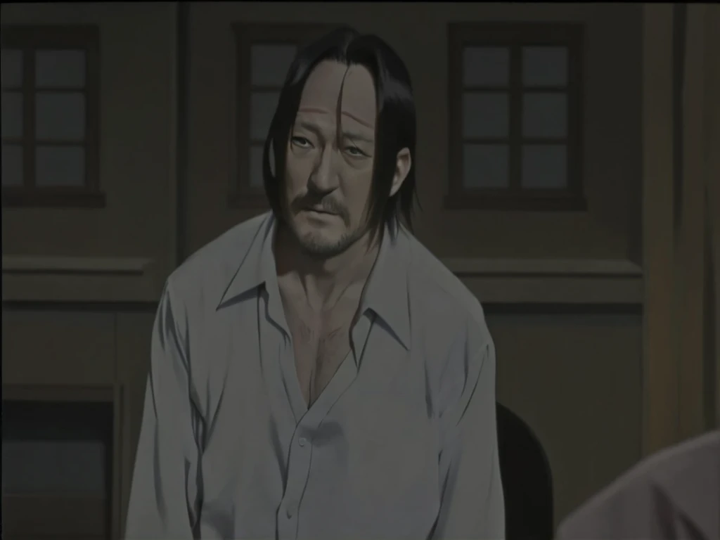 a close up of a person in a shirt and tie with a knife, anime film, boromir in an 80\'s anime world, in the anime series monster, creepy, ozabu, takehiko inoue art style, in the anime film, hyper realistic art, masterpiece, high quality, european man face, desperation expression