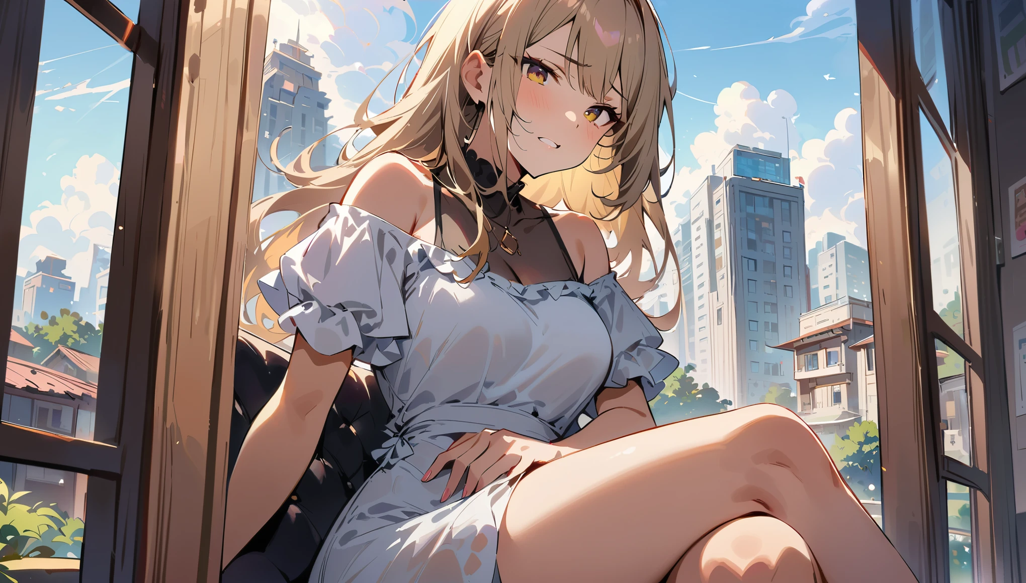 focus on window, focus on outside, through-out the window, The View Outside the Window, 1girl on a chair, picked up a cigar, and crossed her legs,(dress in white), very detailed expression, masterpiece, best quality, high quality, highres