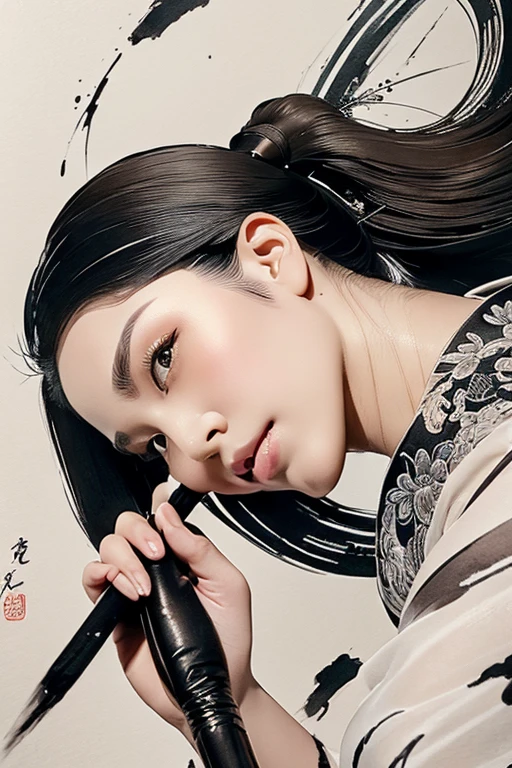 (best quality,highres,masterpiece:1.2),ultra-detailed,full body shot,beautiful detailed eyes,beautiful detailed lips,extremely detailed eyes and face,longeyelashes,sexy woman practicing Kung Fu,artwork made with traditional Chinese ink painting,graceful movements,flowing black hair,energetic and fierce expression,fit and muscular body,flexible martial arts poses,dynamic dark lighting,blending of traditional and modern elements,subtle color palette,ink wash painting style,brush strokes depicting power and elegance.