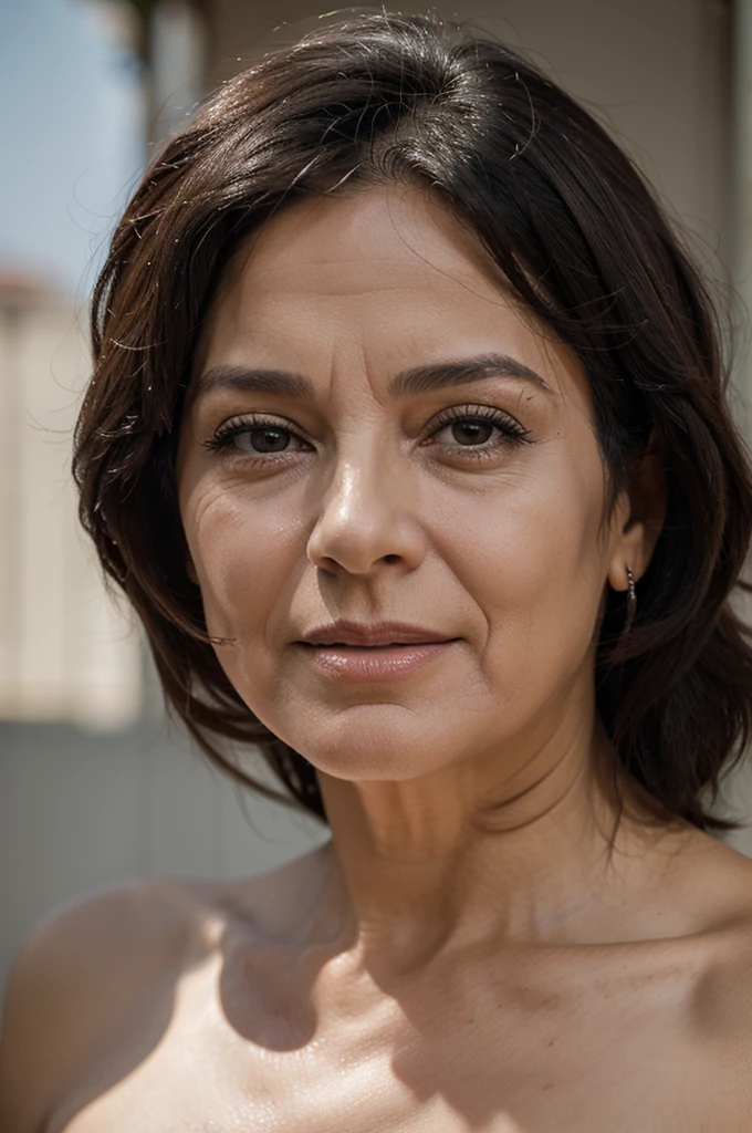 60 year old lady with expression lines, cabello rubio, professional photography