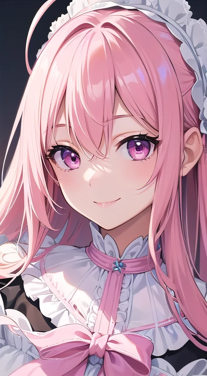 最high quality,very detailed,high quality,Extremely detailed,masterpiece,Super fine,ultra high resolution,超high quality,super delicate face,super realistic,(1 person:1.2)、woman、(Mature:1.5)、pink hair color、(pink eyes)、small breasts 、slender body、Ahoge、(Smile:1.3)、ta fashion
