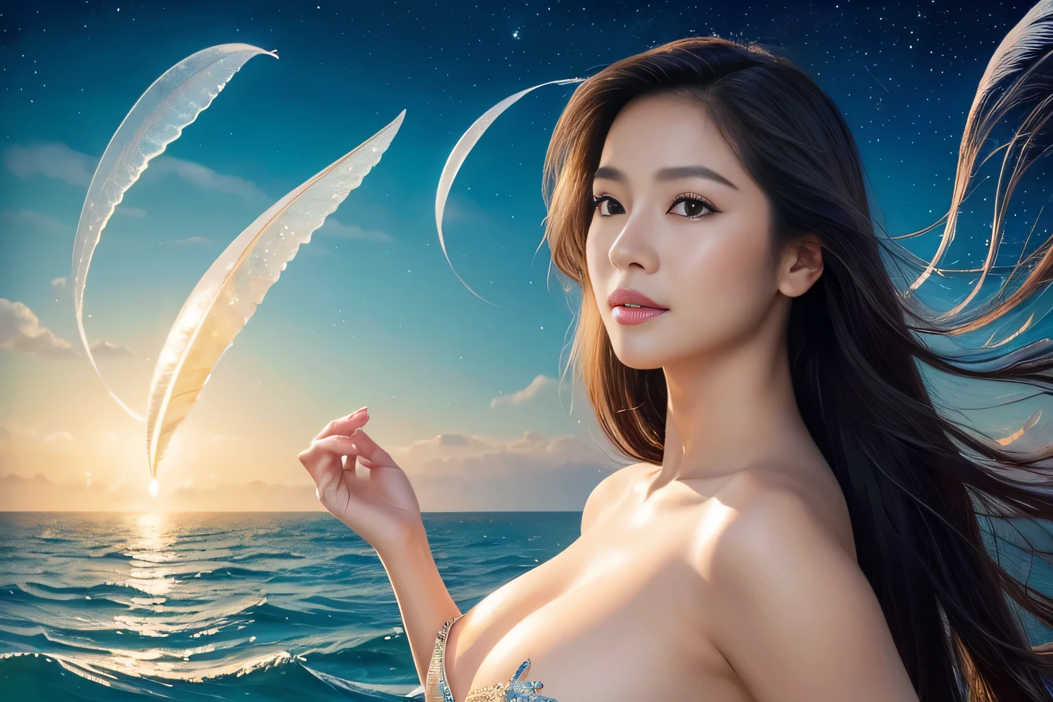 (highest quality,8K,High resolution:1.2),(beautiful realistic asian:1.5)、(cute japanese girl:1.4),(huge breasts:1.26),(glamorous:1.4)、feather、great spirit messenger、The Little Mermaid、Flight 、artistic background、spiral、Spiritual Light、heavenly realm、sacred place、sexy pose、realm of divine spirits、Professionalism、(beautiful paintings:1.5), a ray of light、aura、Sea、winter sea、drift ice、(deep sea fish、seaweed、jellyfish)、Star fragments on the clouds、beautiful beauty、Perfect sexiness、Sea、Swimming Woman、beautiful sea water、