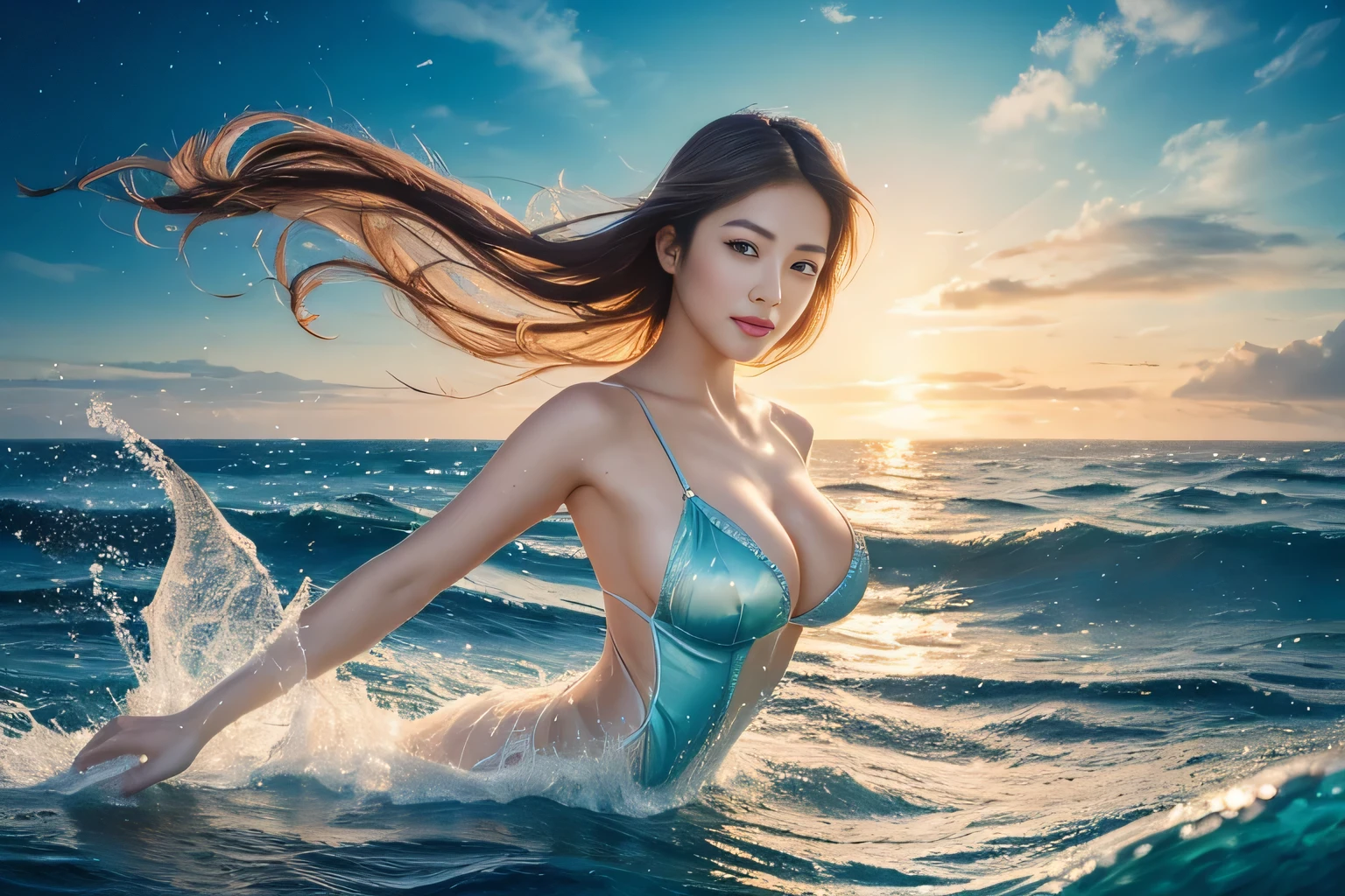 (highest quality,8K,High resolution:1.2),(beautiful realistic asian:1.5)、(cute japanese girl:1.4),(huge breasts:1.26),(glamorous:1.4)、feather、great spirit messenger、The Little Mermaid、Flight 、artistic background、spiral、Spiritual Light、heavenly realm、sacred place、sexy pose、realm of divine spirits、Professionalism、(beautiful paintings:1.5), a ray of light、aura、Sea、winter sea、drift ice、(deep sea fish、seaweed、jellyfish)、Star fragments on the clouds、beautiful beauty、Perfect sexiness、Sea、Swimming Woman、beautiful sea water、