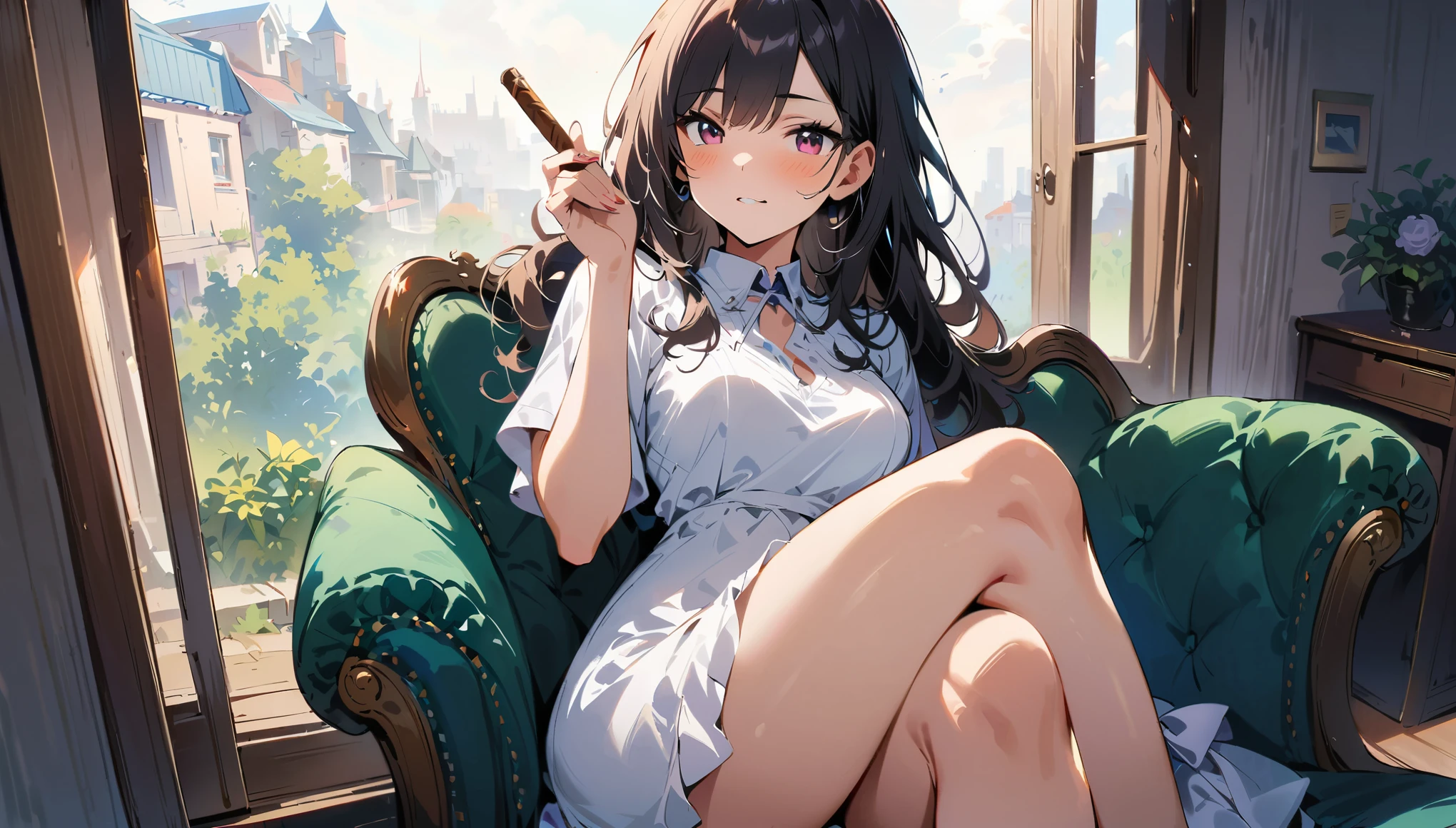 focus on window, focus on outside, through-out the window, The View Outside the Window, 1girl on a chair, picked up a cigar, and crossed her legs,(dress in white), very detailed expression, masterpiece, best quality, high quality, highres