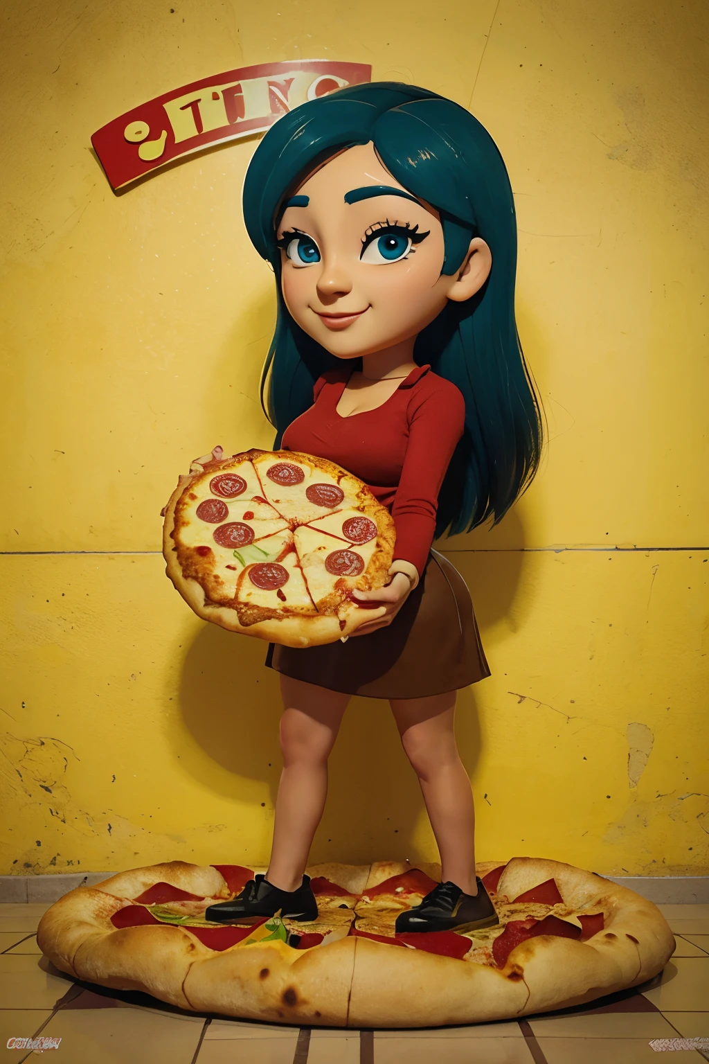 Uma arte em cartoon de uma pizza no centro, imagem sem fundo