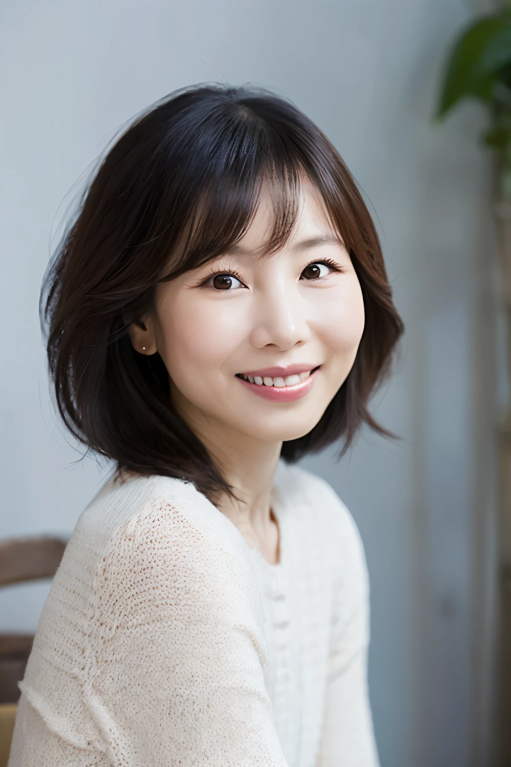 Lucy Liu 40 years old white knit smile
