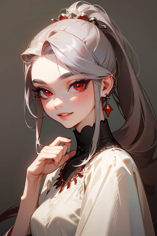 (highest quality, masterpiece:1.2), High resolution, Super detailed, realistic:1.37, fantasy, An illustration,gray hair、 red eyes、Queen, white dress.platinum decoration、beautifully、Eyeshadow Red、dark eyebrows、long eyelashes、pupils are black、shiny on the lips、upper site、Queen、Princess、ponytail、gentle smile、Show your teeth a little and smile、soft expression、Two highlights in the eye、