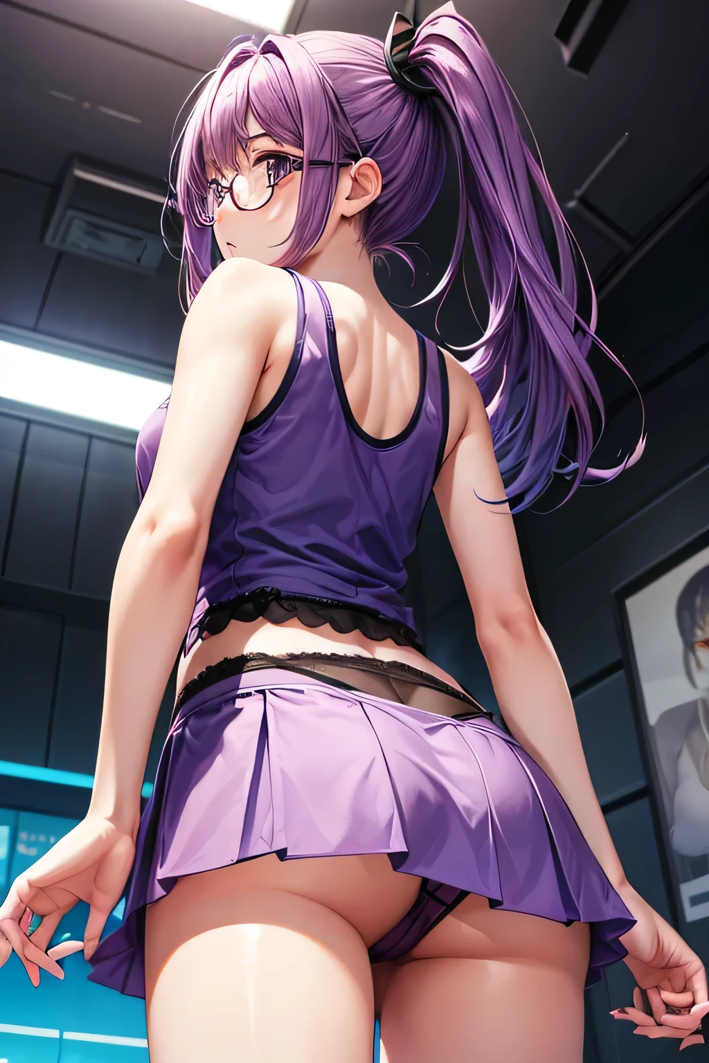 Glasses、back view、Tank top、mini skirt、(((Panty shot)))、、beautiful girl magician、purple hair long、((whole body))、(((photo taken from below)))、indoor