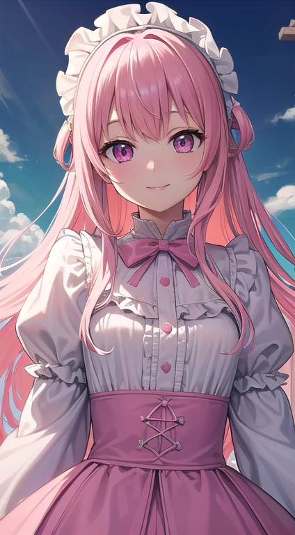 最high quality,very detailed,high quality,Extremely detailed,masterpiece,Super fine,ultra high resolution,超high quality,super delicate face,super realistic,(1 person:1.2)、woman、(Mature:1.5)、pink hair color、(pink eyes)、small breasts 、slender body、Ahoge、(Smile:1.3)、lolita fashion