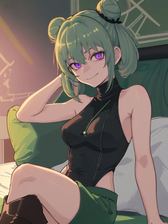 (highres), (best quality), (detailed) 1 girl, alone, medium hair, pastel green hair, twin buns, villain smile, violet eyes, round black sunglasses on head, bedroom, black sleeveless turtleneck top, green shorts, dark brown boots, sitting on bed, crossing legs, relaxed hands on bed