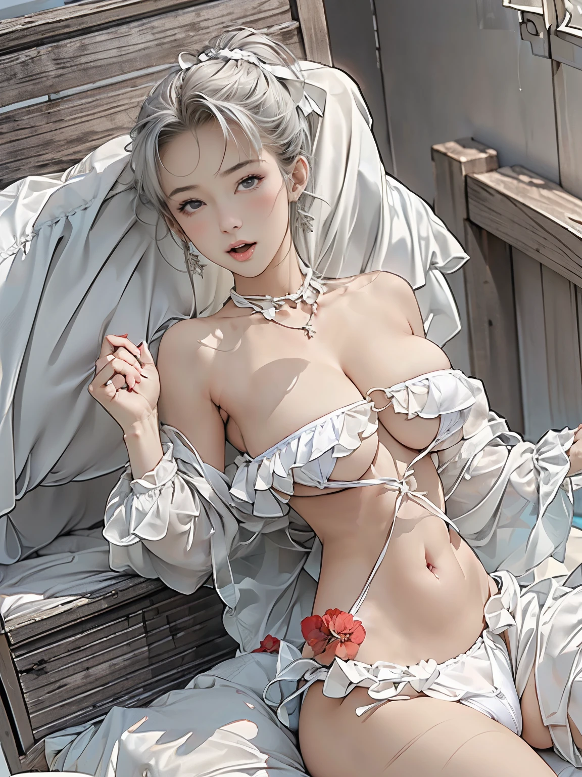 ((((highest quality))))、(((Ultra-precision CG16K wallpaper)))、(((masterpiece)))、(((Super detailed)))、(((super extreme details)))、((1people's women))、mature woman、24 year old woman、(((clarity、detailed face:1.6)))、((Japanese face))、((very beautiful face))、((Mai Shiraishi:1.5))、((straight long ponytail hair、blunt bangs:1.5))、(shiny brown hair)、((Big eyes with double eyelids))、beautiful delicate eyes、brown eyes、raised eyebrows、high nose、small nostrils、small mouth、seductive lips、beautiful breasts、((C cup size breasts))、cleavage、plump body、(Chubby body type)、perfect proportions、perfect anatomy、perfect composition、beautiful detailed shading、beautiful natural lighting、beautiful detail glow、Depth of the bounds written、(((High chroma)))、(((real:1.9)))、((vivid:1.5))、((edge:1.6))、((beautiful skin))、((skin texture))、((realな皮膚感))、(((cowboy shot:1.6)))、((overhead view、Angle from the foot:1.8))、((Surprised face with open mouth:1.2))、(((blush、sexy、pleasure、trance:1.8)))、(panting face:1.8)、Daytime bedroom、bright sunshine、Natural light、(((lie on your back on the bed:1.8)))、(sleep Pose:1.8)、(((bikini swimwear_White clothing:1.6)))、((earrings、wearing necklace:1.3))、(((Woman lies on her back in bed:1.8)))、