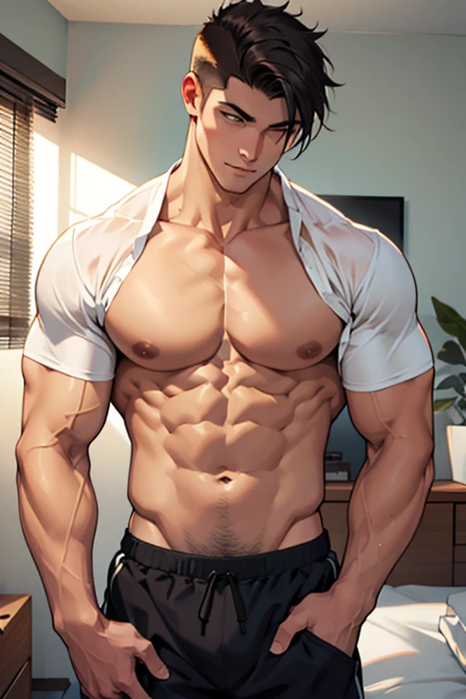 homem, alto, ruivo , corpo perfeitamente definido, sem camisa semi nu no quarto