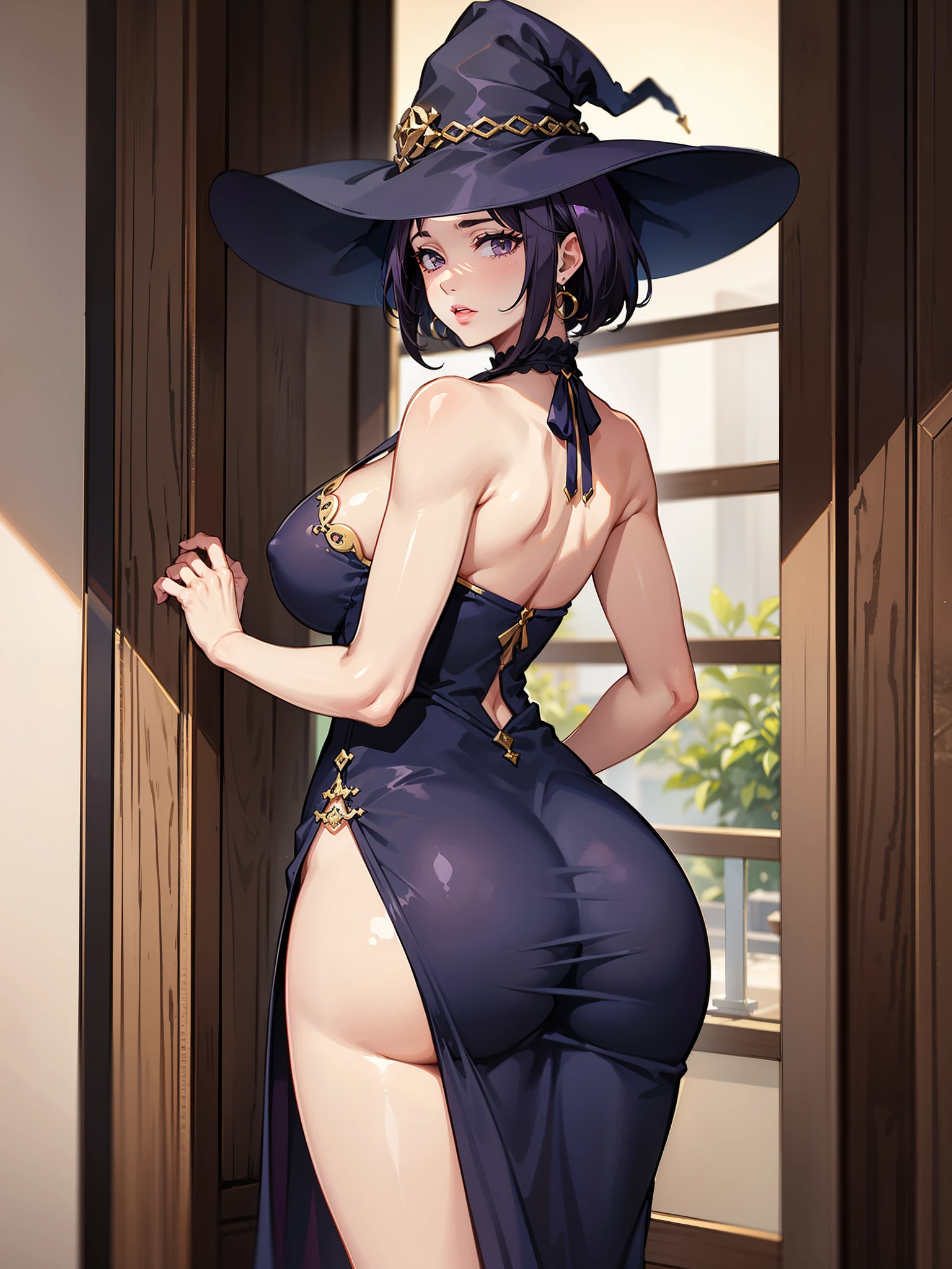 older woman in her 30s with short purple hair and tall curvy busty body seen from behind, de costas, seios grandes, bunda, (obra de arte, Melhor qualidade:1.2) wearing legendary big black dress of mystical sorceress, big witch hat 