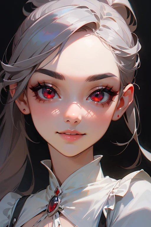 (highest quality, masterpiece:1.2), High resolution, Super detailed, realistic:1.37, fantasy, An illustration,gray hair、 red eyes、Queen, white dress.platinum decoration、beautifully、Eyeshadow Red、dark eyebrows、long eyelashes、pupils are black、shiny on the lips、upper site、Queen、Princess、ponytail、gentle smile、Show your teeth a little and smile、soft expression、
