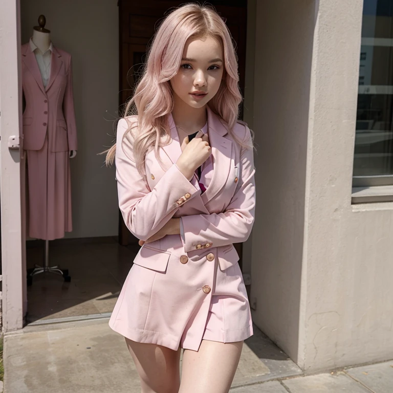 Dove Cameron dressed in a blazer and pink dress pants