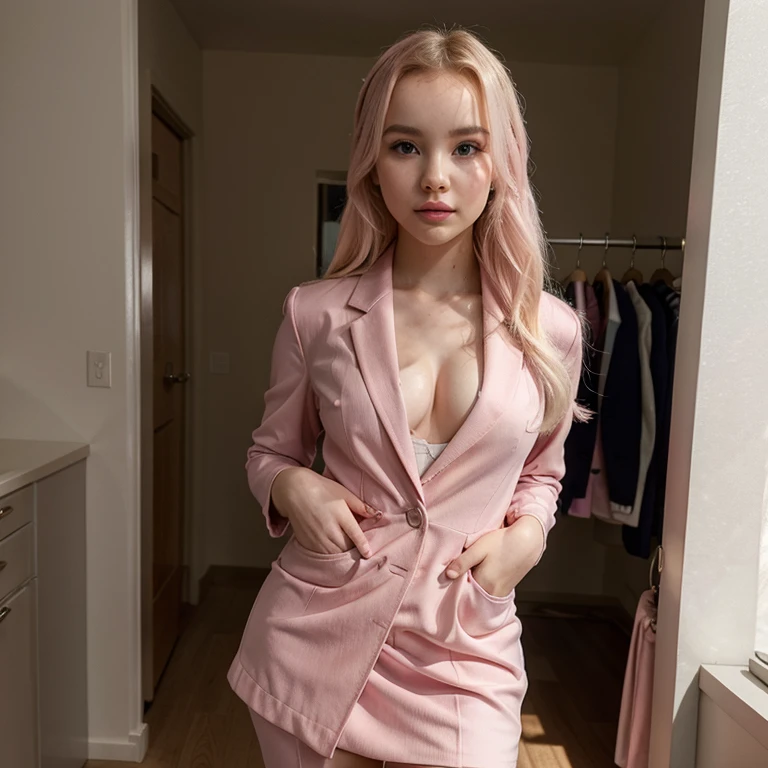 Dove Cameron dressed in a blazer and pink dress pants