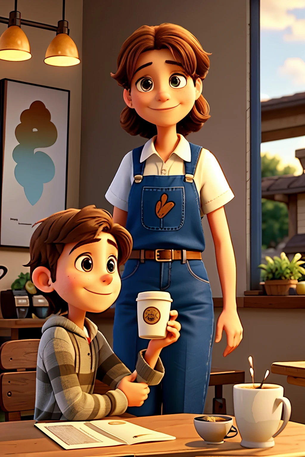 Imagine a heartwarming scene portrayed in an outdoor display. On the left side, a 37-year-old son, dressed in a casual attire, stands behind an inviting table. With genuine warmth and affection, he serves a piping hot cup of coffee to his mother, who stands opposite him. Their eyes meet, filled with love and appreciation, as smiles grace their faces. The air is infused with the enticing aroma of Accord Coffee, the brand proudly displayed on the table. The setting exudes a sense of familiarity and comfort, inviting passersby to pause and witness the beautiful bond shared between a mother and her son over a simple cup of coffee.