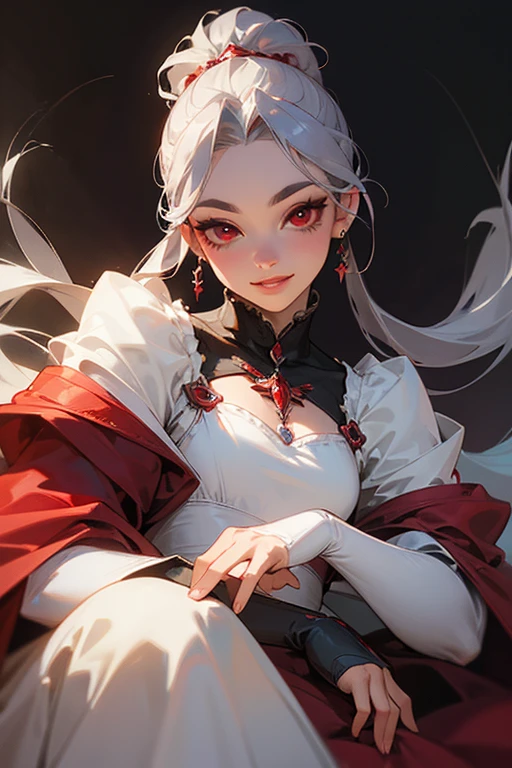 (highest quality, masterpiece:1.2), High resolution, Super detailed, realistic:1.37, fantasy, An illustration,gray hair、 red eyes、Queen, white dress.platinum decoration、beautifully、Eyeshadow Red、dark eyebrows、long eyelashes、pupils are black、shiny on the lips、upper site、Queen、Princess、ponytail、gentle smile、Show your teeth a little and smile、soft expression、