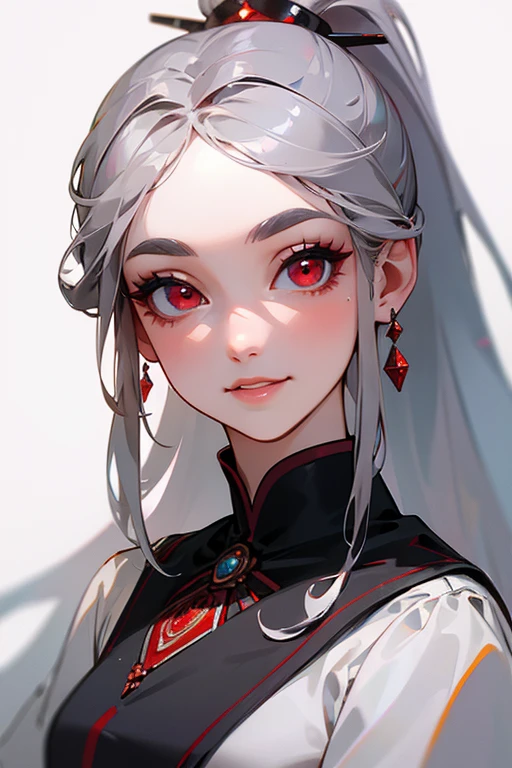 (highest quality, masterpiece:1.2), High resolution, Super detailed, realistic:1.37, fantasy, An illustration,gray hair、 red eyes、Queen, white dress.platinum decoration、beautifully、Eyeshadow Red、dark eyebrows、long eyelashes、pupils are black、shiny on the lips、upper site、Queen、Princess、ponytail、gentle smile、Show your teeth a little and smile、soft expression、