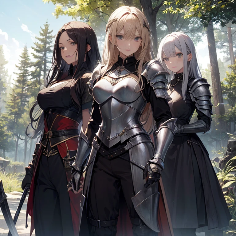 A group of female knights, (in forest), various hair styles, harem, wearing armored clothes, metal armor, night, details face, trousers, seducing, sword,