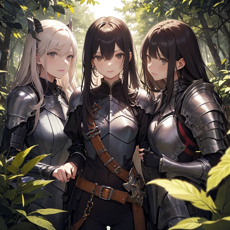 A group of female knights, (in forest), various hair styles, harem, wearing armored clothes, metal armor, night, details face, trousers, seducing, sword,