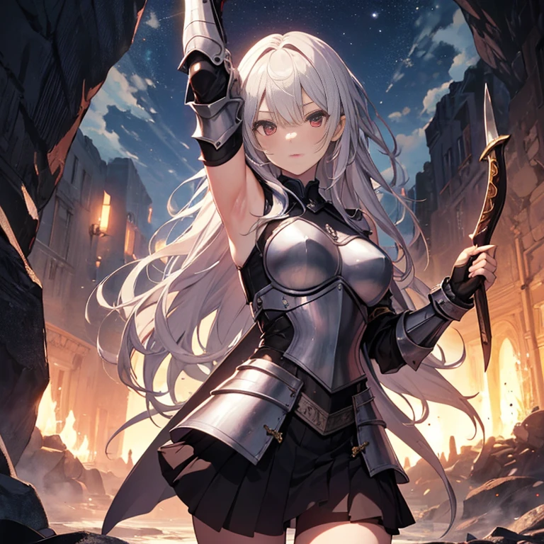 A group of  female knight, (in cave), various hair styles, harem, wearing armored clothes, metal armor, night, details face, , short skirt, seducing, sword, showing armpits, sleeveless, erotic