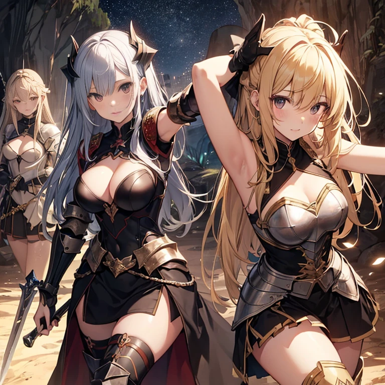 A group of female knight, (in cave), various hair styles, harem, wearing armored clothes, metal armor, night, details face, , short skirt, seducing, sword, showing armpits, sleeveless, erotic