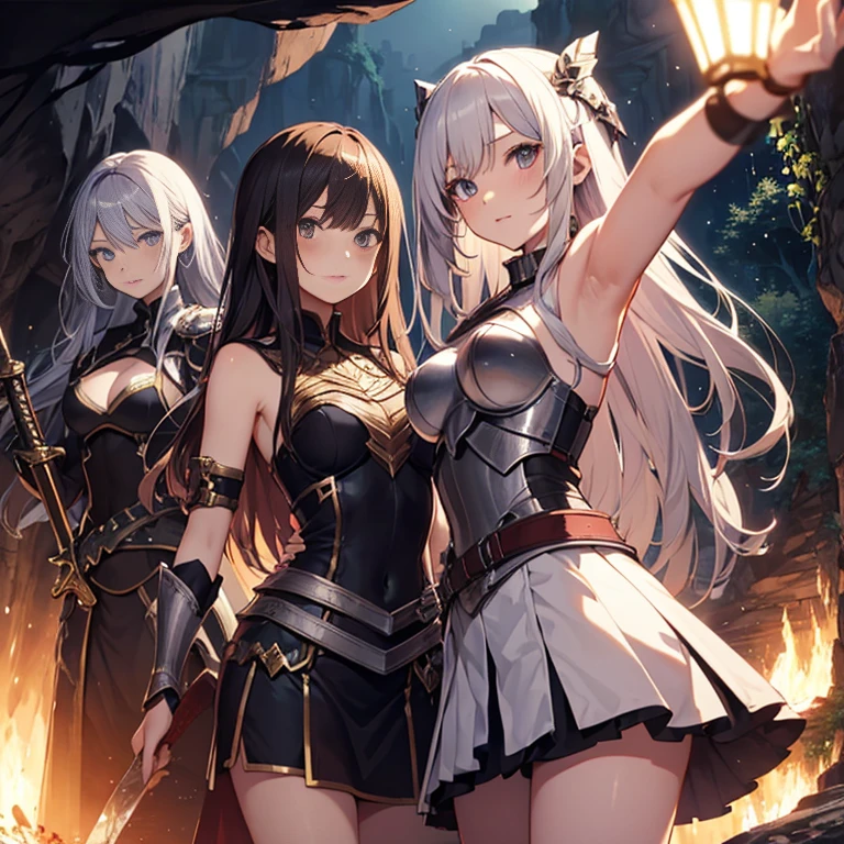 A group of female knight, (in cave), various hair styles, harem, wearing armored clothes, metal armor, night, details face, , short skirt, seducing, sword, showing armpits, sleeveless, erotic