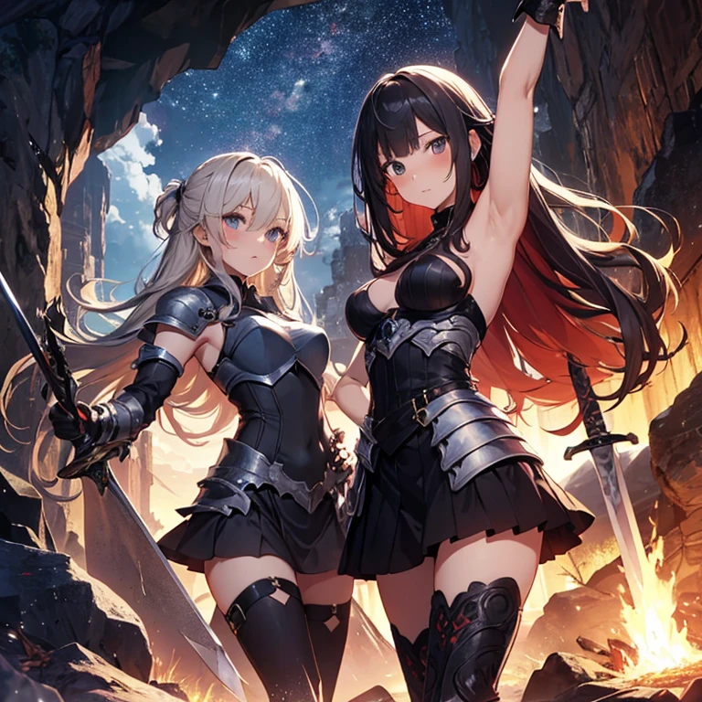 A group of female knight, (in cave), various hair styles, harem, wearing armored clothes, metal armor, night, details face, , short skirt, seducing, sword, showing armpits, sleeveless, erotic