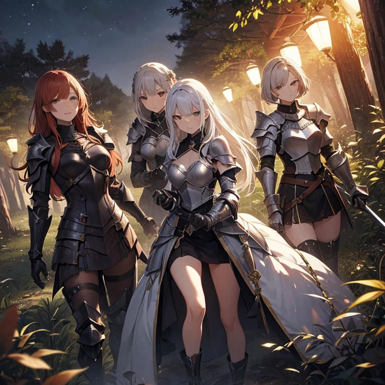 A group of female knights, (in forest), various hair styles, harem, wearing armored clothes, metal armor, night, details face, short skirt, seducing, sword,