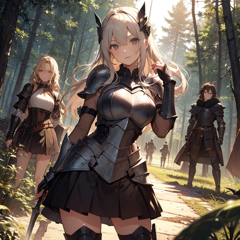 A group of  female knights, (in forest), various hair styles, harem, wearing armored clothes, metal armor, night, details face, short skirt, seducing, sword,