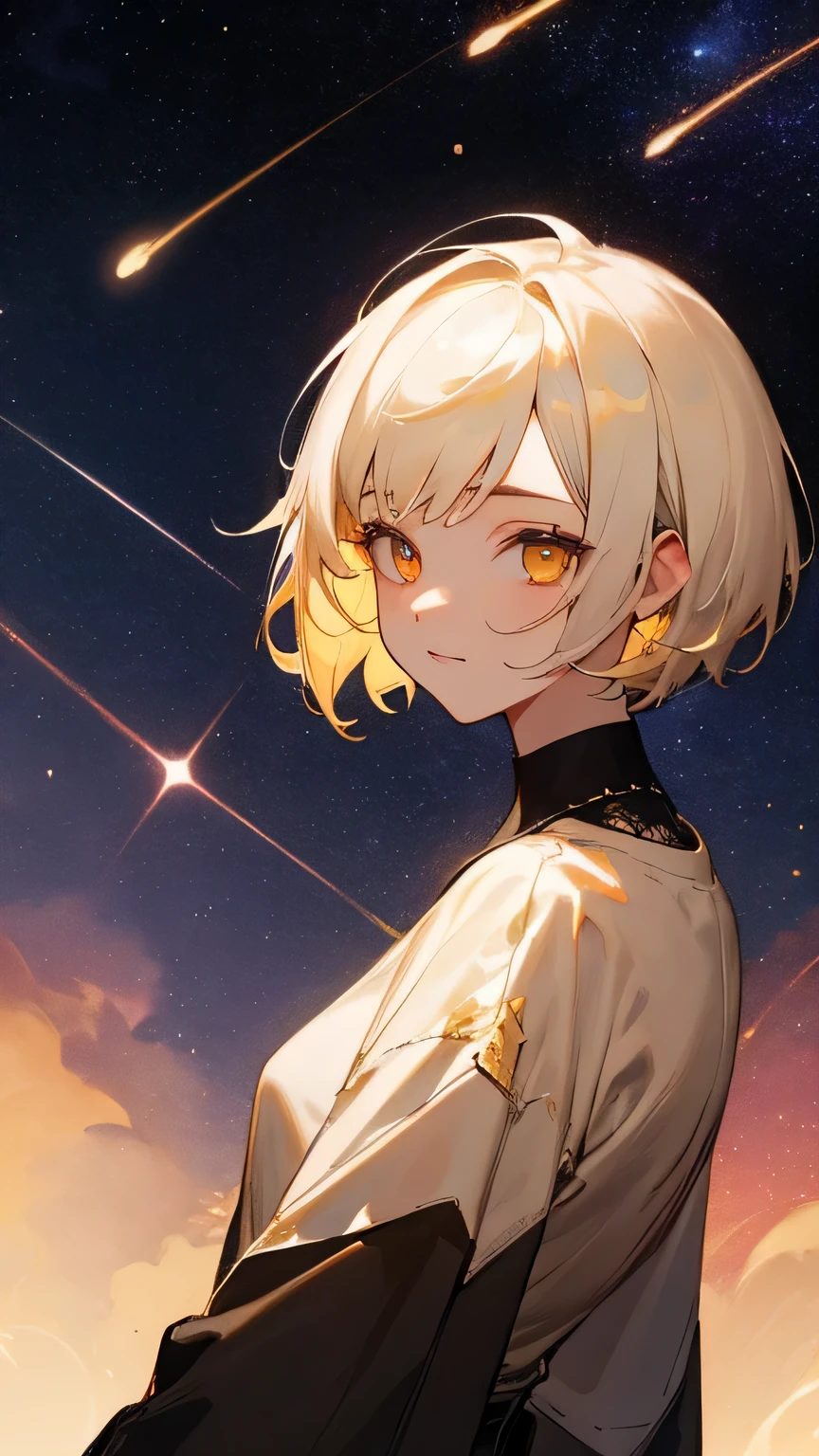 girl,white short hair,golden eyes,Look back at me,Only the upper body is visible,starry sky background