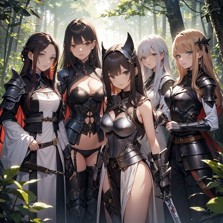 A group of  female knights, (in forest), various hair styles, harem, wearing armored clothes, metal armor, night, details face, trousers, seducing, sword, sleeveless 