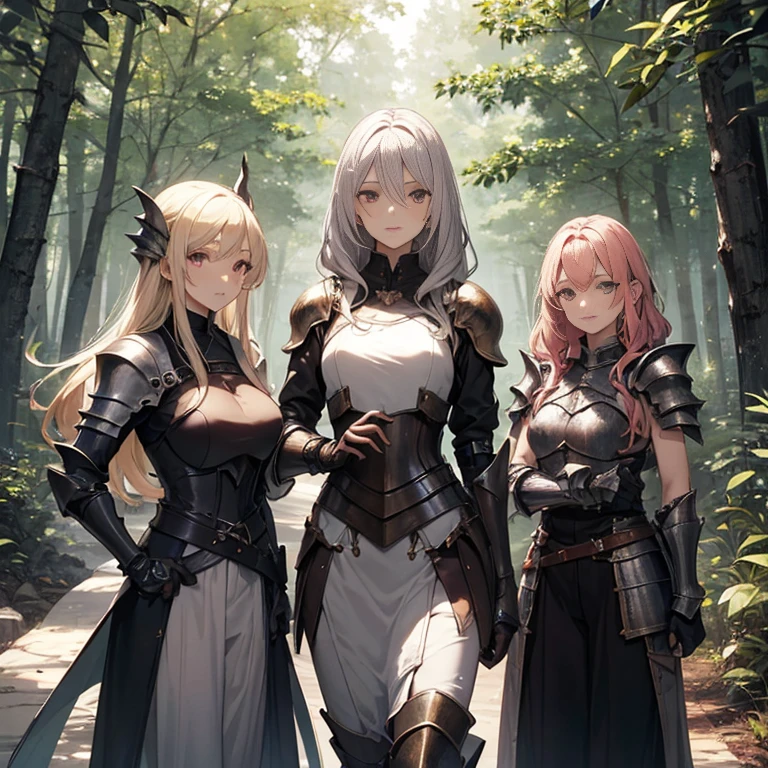 A group of female knights, (in forest), various hair styles, harem, wearing armored clothes, metal armor, night, details face, trousers, seducing, sword, sleeveless