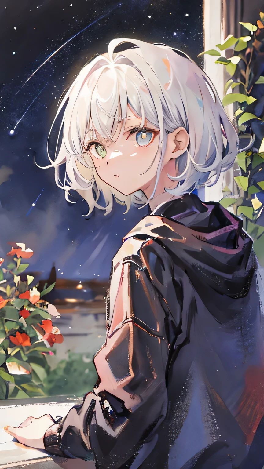 girl，white hair，short hair，heterochromatic pupils，Sit and look back at me，Only the upper body is visible，You can see the beautiful starry sky，Watching from afar