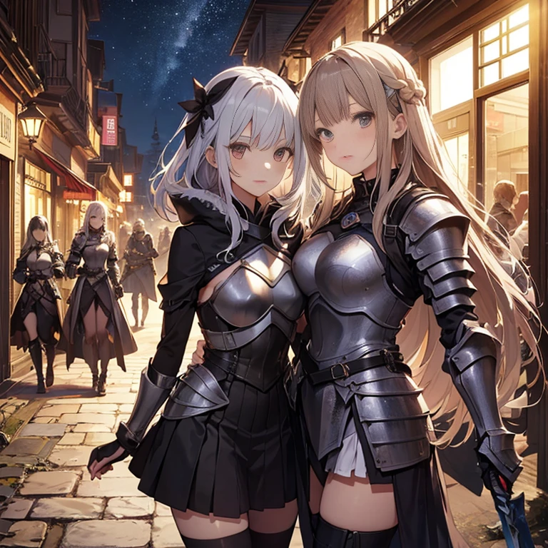 A group of female knights, (in forest), various hair styles, harem, wearing armored clothes, metal armor, night, details face, short skirt, seducing, sword,
