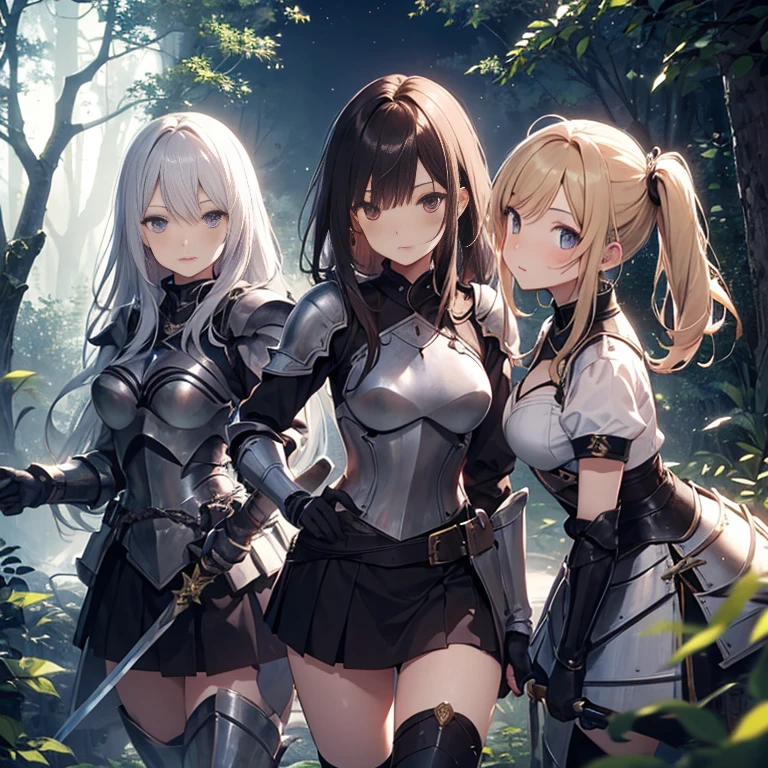 A group of female knights, (in forest), various hair styles, harem, wearing armored clothes, metal armor, night, details face, short skirt, seducing, sword,