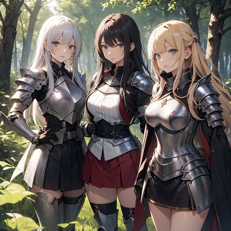 A group of female knights, (in forest), various hair styles, harem, wearing armored clothes, metal armor, night, details face, short skirt, seducing, sword,