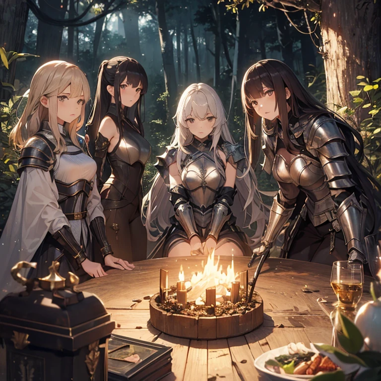 A group of female knights, (in forest), various hair styles, harem, wearing armored clothes, metal armor, night, details face, trousers, seducing, sword, sleeveless