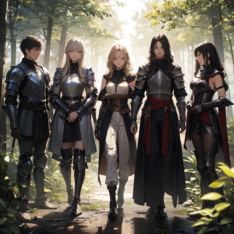 A group of female knights, (in forest), various hair styles, harem, wearing armored clothes, metal armor, night, details face, trousers, seducing, sword, sleeveless