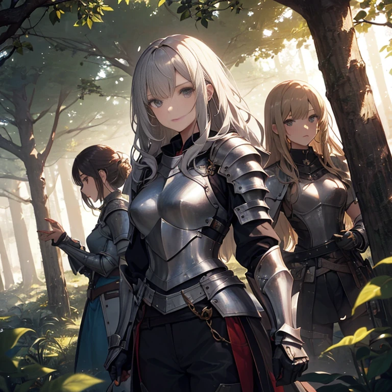 A group of female knights, (in forest), various hair styles, harem, wearing armored clothes, metal armor, night, details face, trousers, seducing, sword, sleeveless