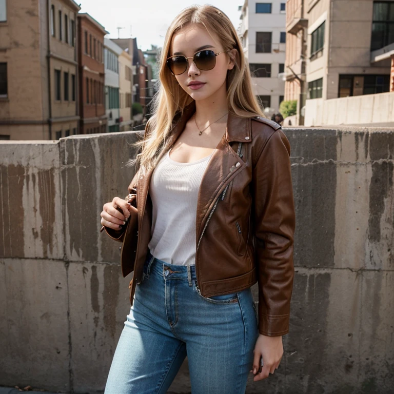 Dove Cameron dressed in brown leather jacket with jeans and wearing sunglasses