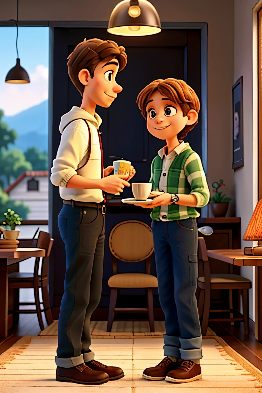 Imagine a heartwarming scene portrayed in an outdoor display. On the left side, a 37-year-old son, dressed in a casual attire, stands behind an inviting table. With genuine warmth and affection, he serves a piping hot cup of coffee to his mother, who stands opposite him. Their eyes meet, filled with love and appreciation, as smiles grace their faces. The air is infused with the enticing aroma of Accord Coffee, the brand proudly displayed on the table. The setting exudes a sense of familiarity and comfort, inviting passersby to pause and witness the beautiful bond shared between a mother and her son over a simple cup of coffee.